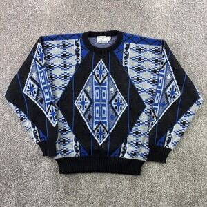 Vintage College Point Sweater Mens Medium Blue Black Abstract Geometric Knit 90s